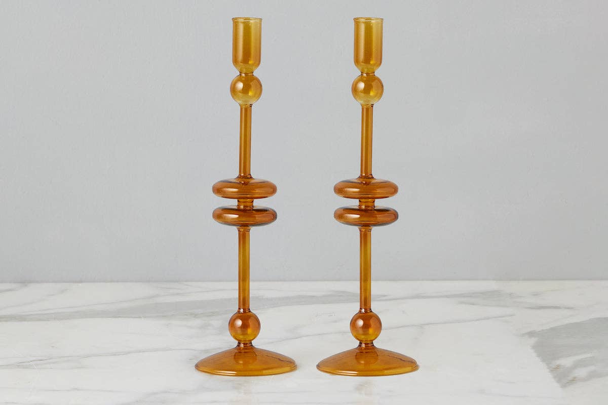 Glass Candlestick Pair, Large, Amber