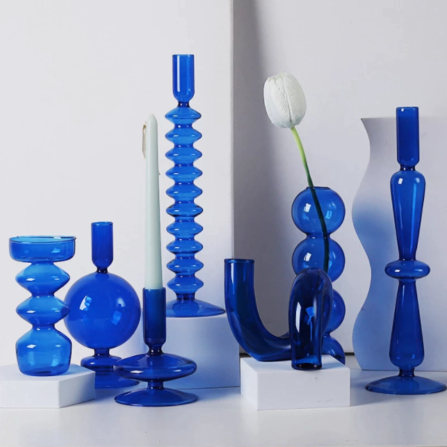 Blue Glass Candlestick Holder