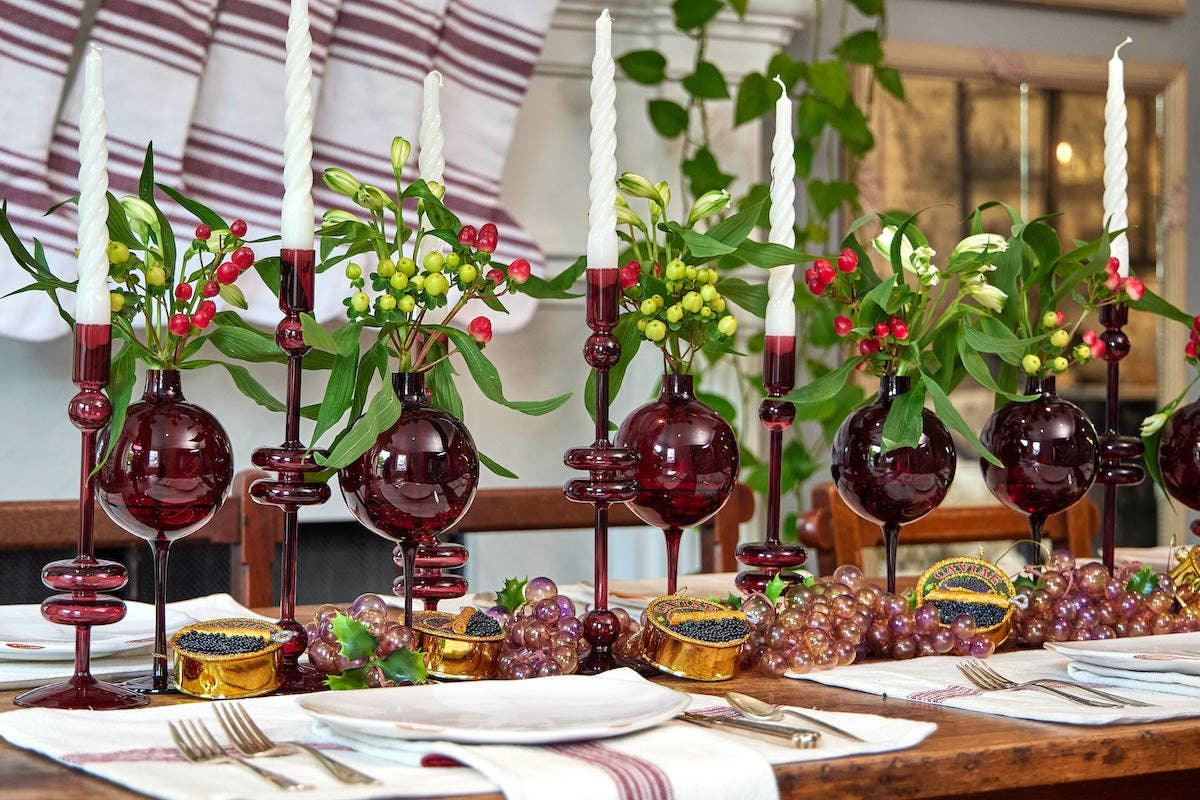 Glass Candlestick Pair, Large, Merlot Red
