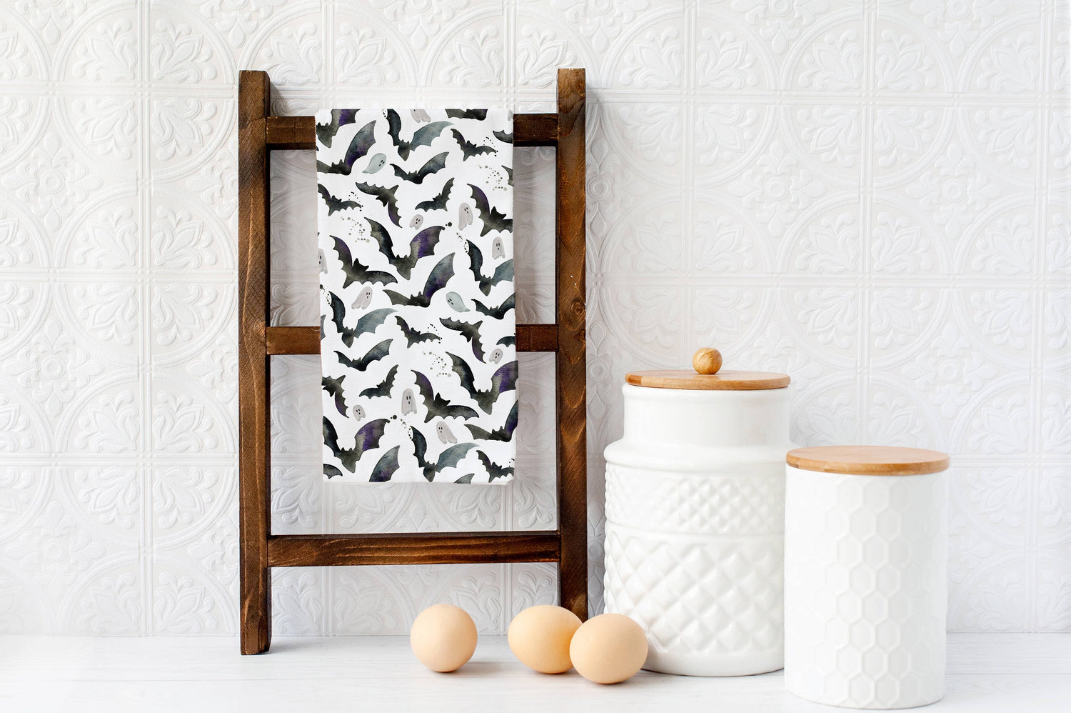 Black and White Halloween Bats &amp; Ghosts - Fall Tea Towel