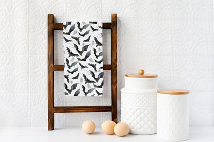 Black and White Halloween Bats &amp; Ghosts - Fall Tea Towel