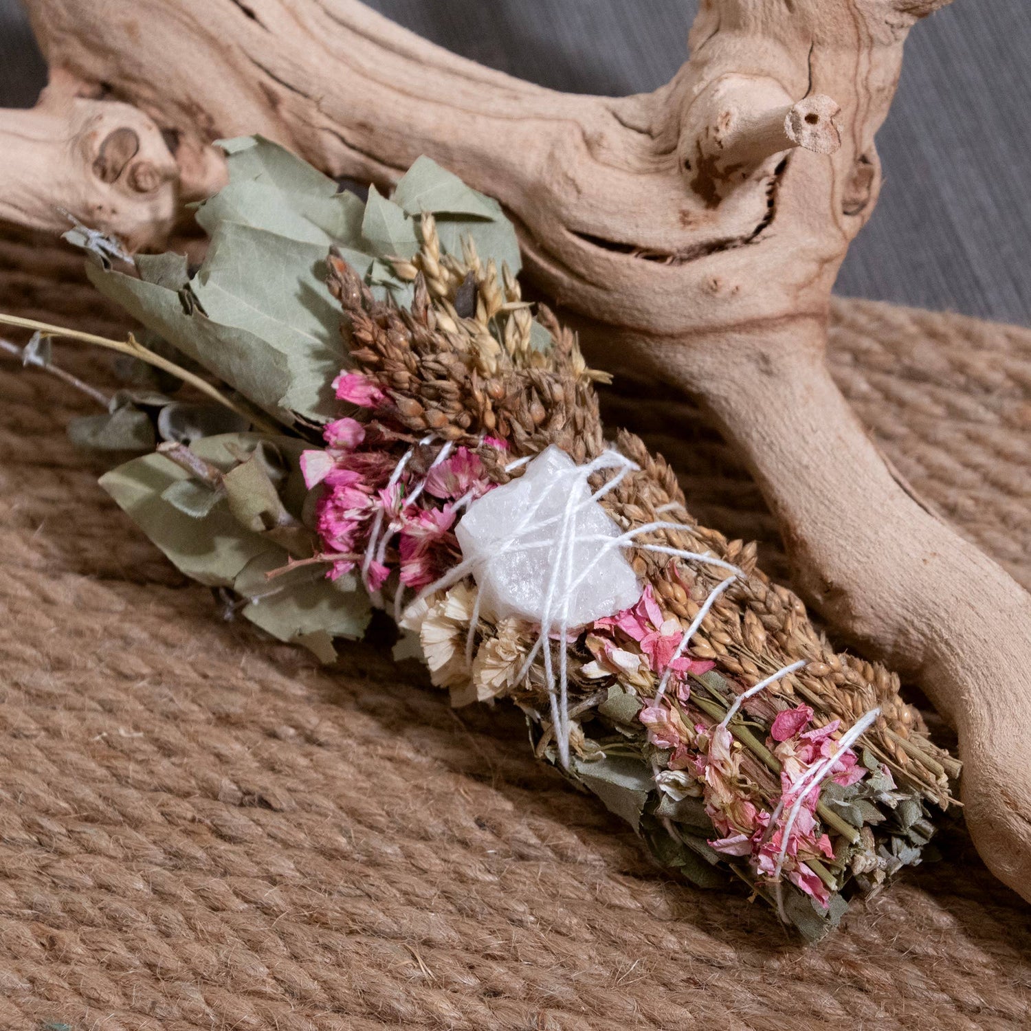 6" Pink Flower Floral Smudge Wand with Quartz Crystal