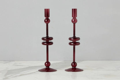Glass Candlestick Pair, Large, Merlot Red