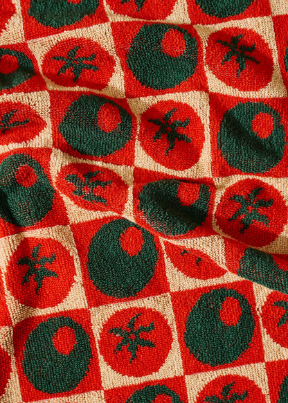 Heirloom Heat Checked Olive and Tomato Cotton Terry Cloth Towel