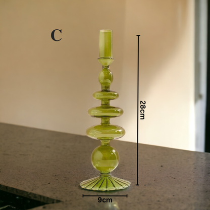 Olive Green Glass Candlestick Holder | Table Decor