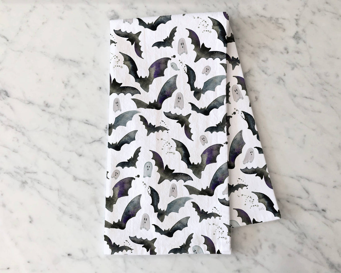 Black and White Halloween Bats &amp; Ghosts - Fall Tea Towel