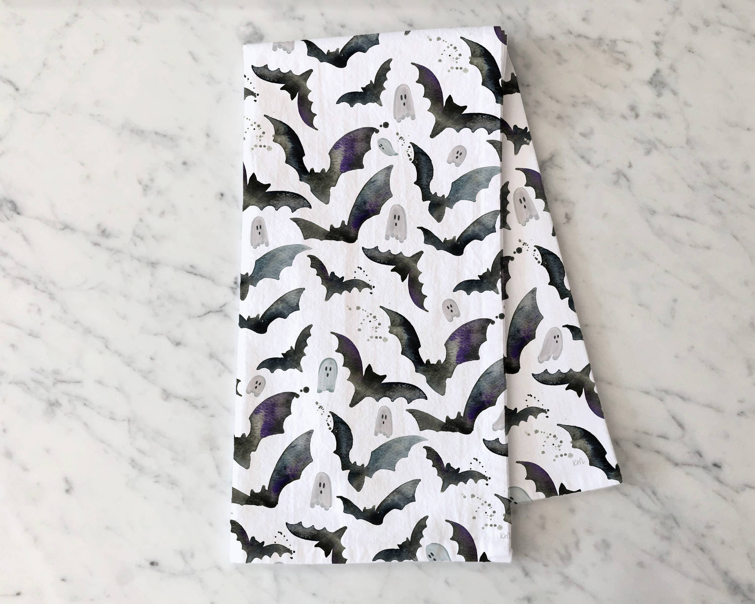 Black and White Halloween Bats &amp; Ghosts - Fall Tea Towel