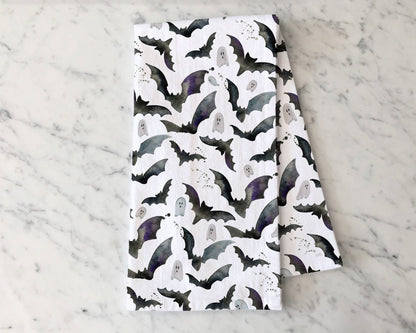 Black and White Halloween Bats &amp; Ghosts - Fall Tea Towel