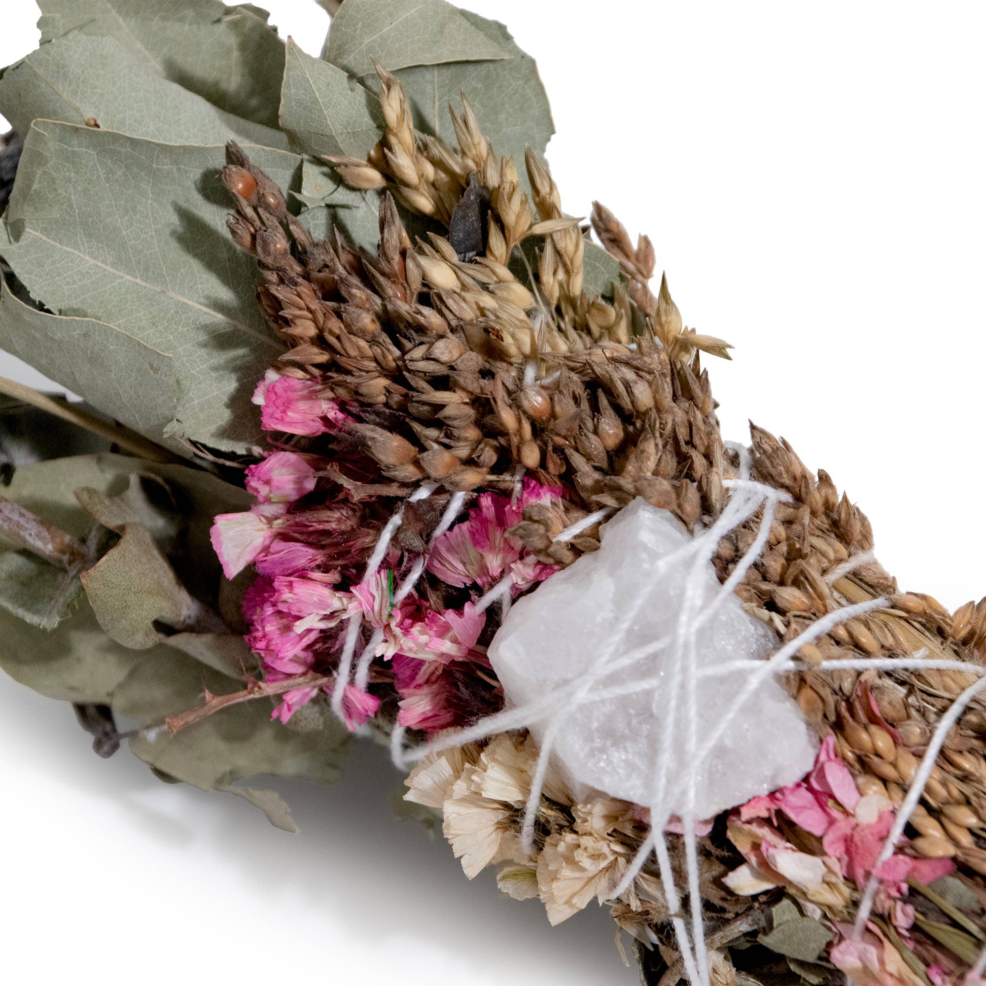 6" Pink Flower Floral Smudge Wand with Quartz Crystal