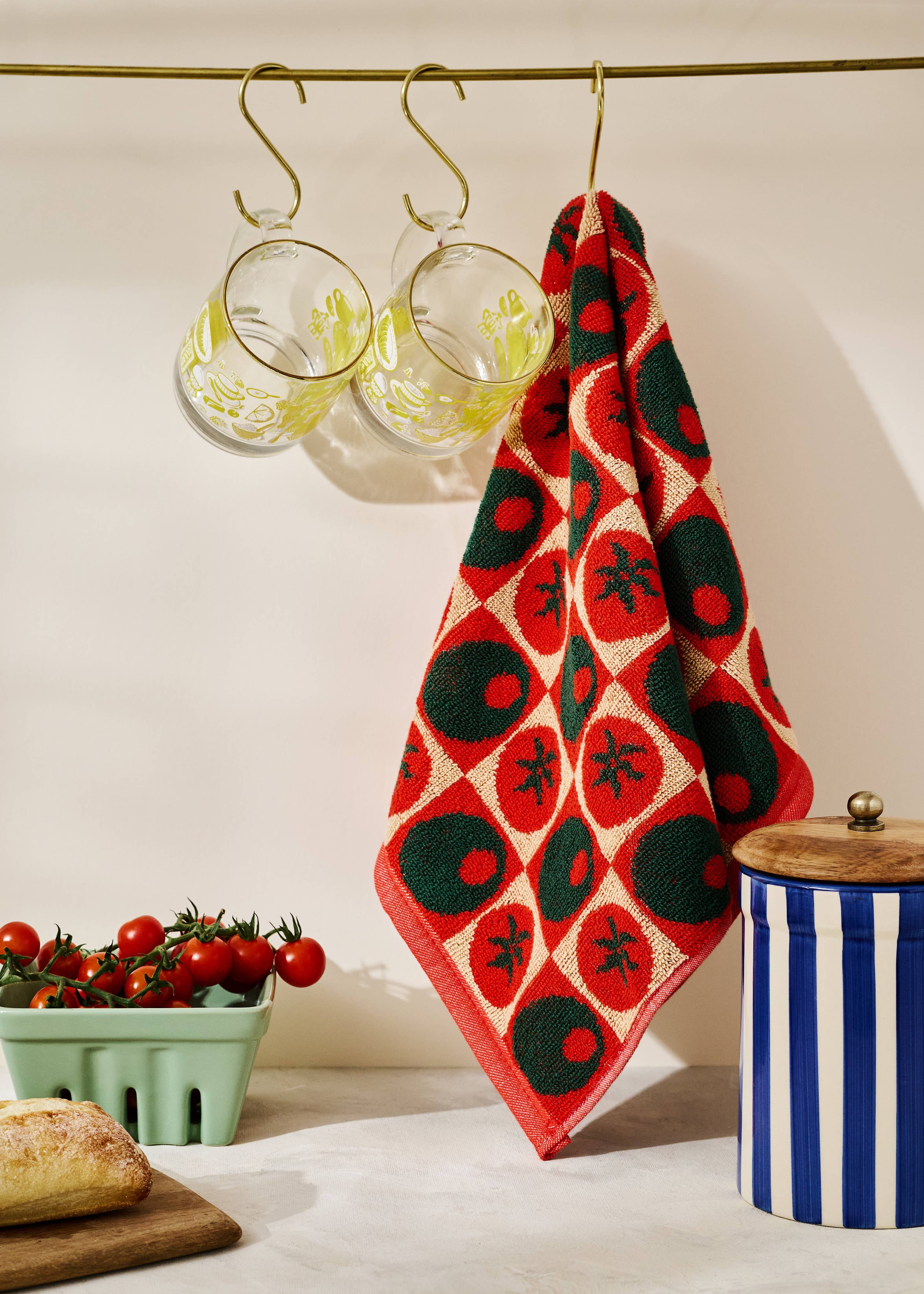 Heirloom Heat Checked Olive and Tomato Cotton Terry Cloth Towel
