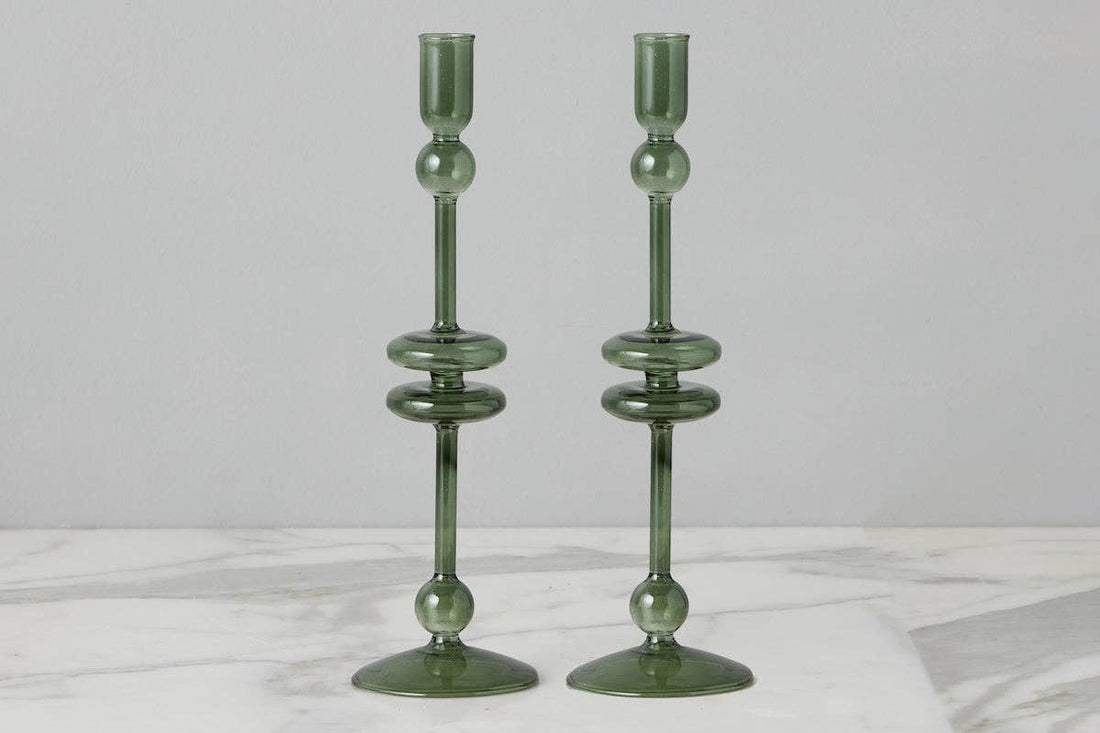 Glass Candlestick Pair, Large, Emerald