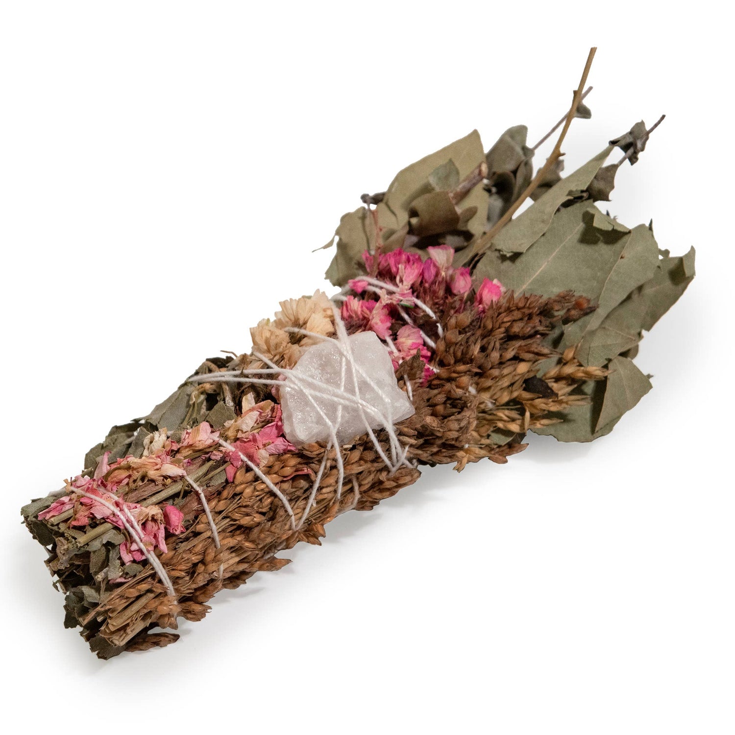 6" Pink Flower Floral Smudge Wand with Quartz Crystal