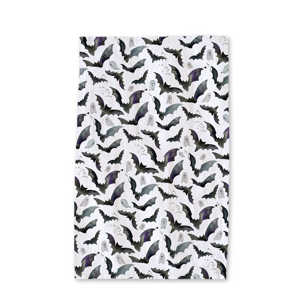 Black and White Halloween Bats &amp; Ghosts - Fall Tea Towel