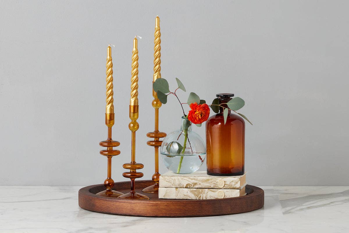 Glass Candlestick Pair, Large, Amber