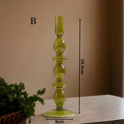 Olive Green Glass Candlestick Holder | Table Decor