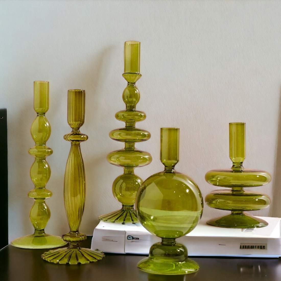 Olive Green Glass Candlestick Holder | Table Decor