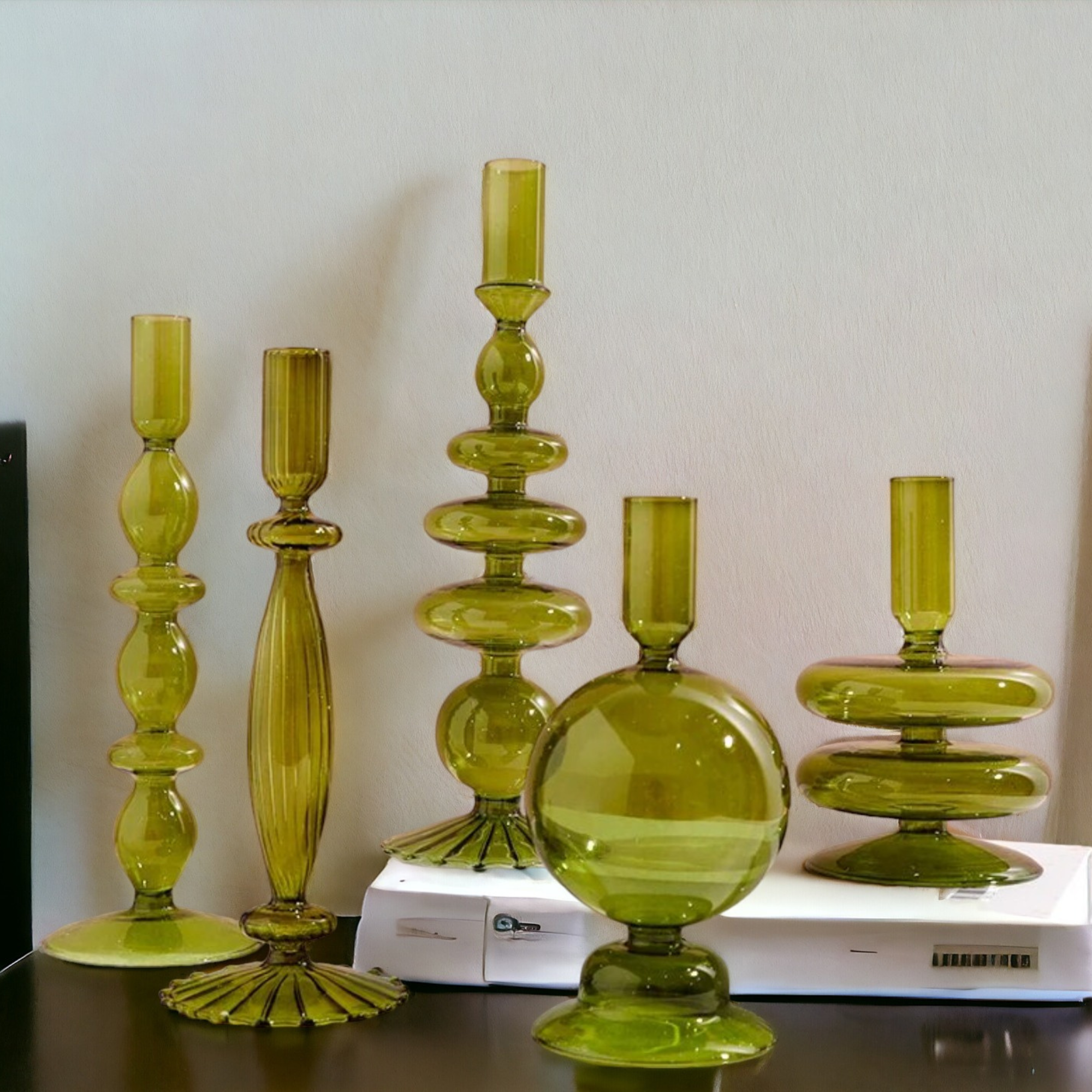 Olive Green Glass Candlestick Holder | Table Decor