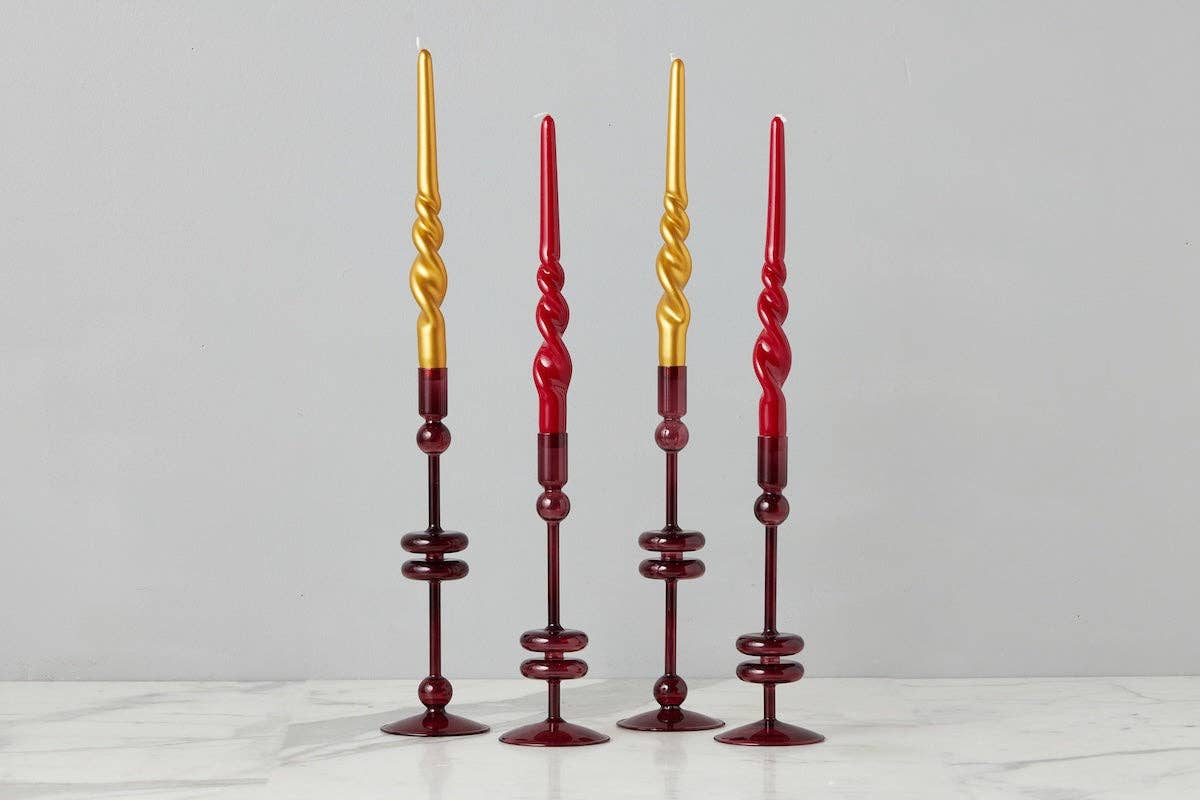 Glass Candlestick Pair, Large, Merlot Red