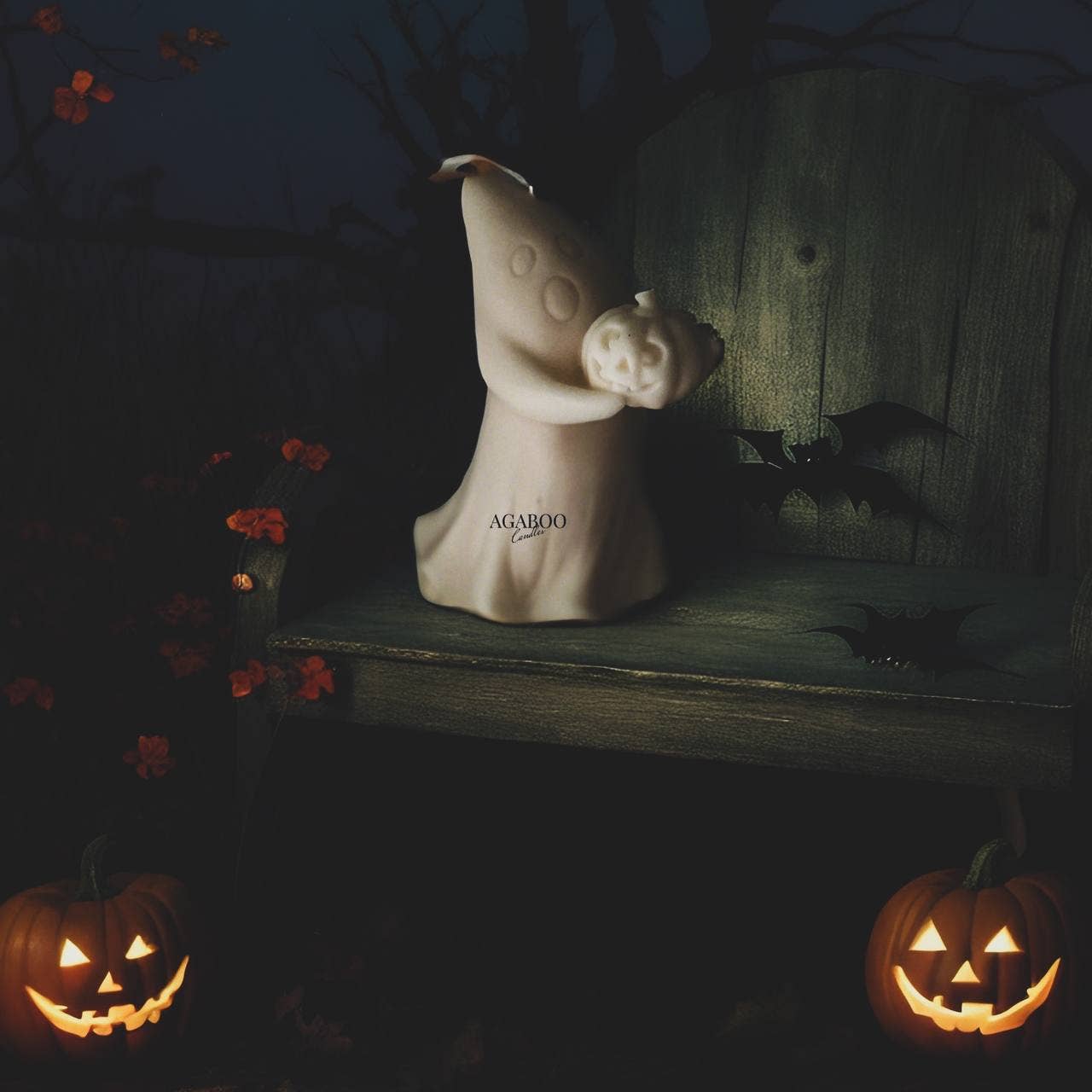 Halloween Ghost with Pumpkin Candle 5.5x4in